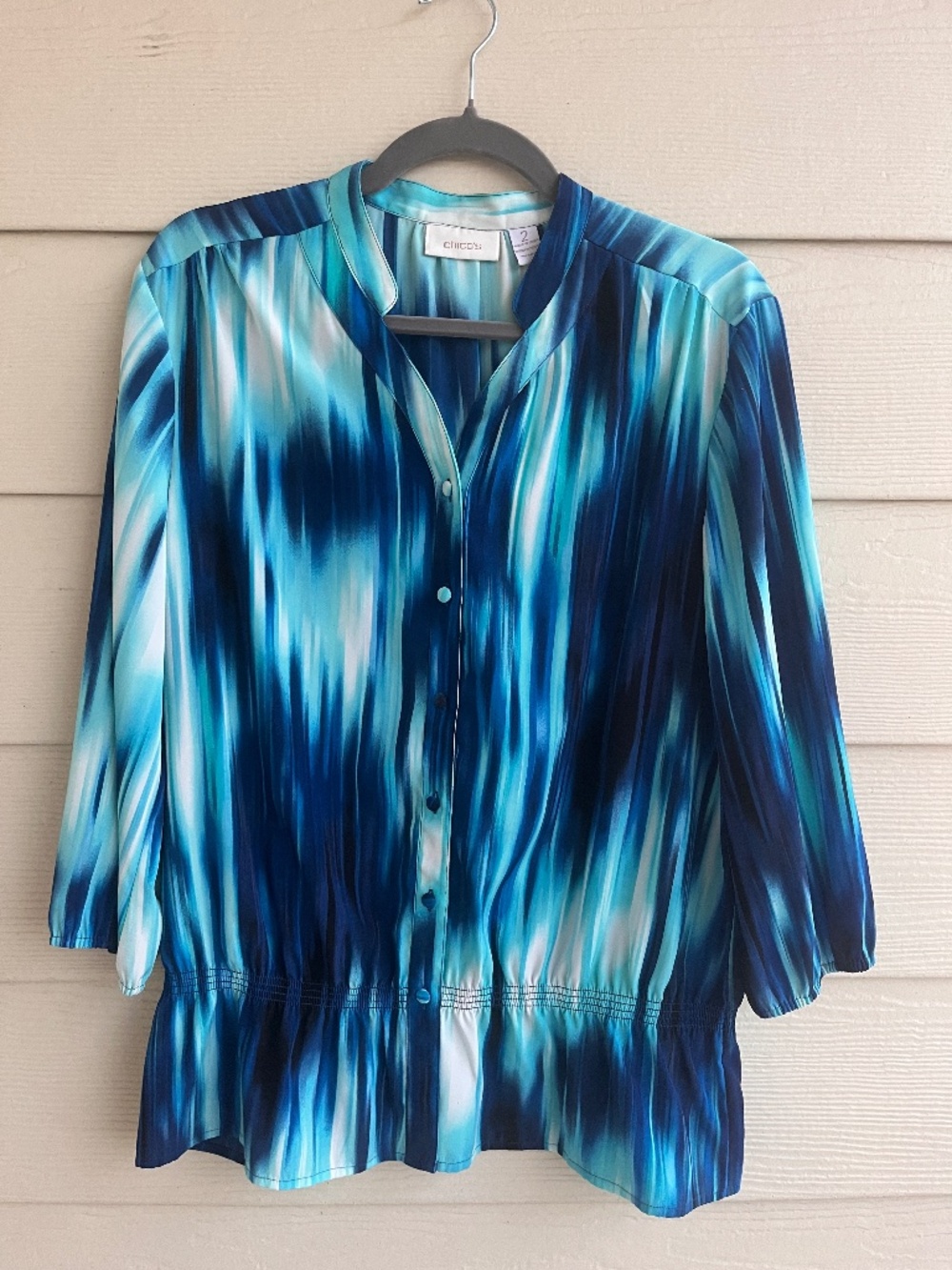 Chico's Blue Abstract Watercolor Blouse Sz 2 L/12 3/4 Sleeve Gathered Waist EUC